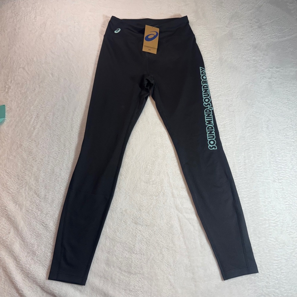 Asics Sound Mind Sound Body Black Leggings Small NWT Teal Graphic Tights